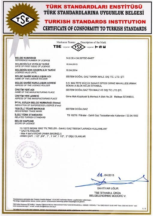 Sistem Doğalgaz Filtre belge kapağı