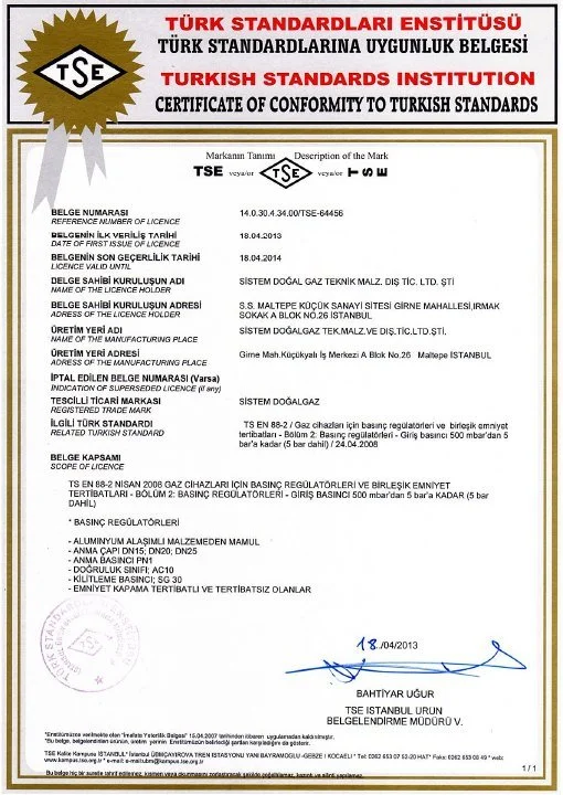 Sistem Doğalgaz Regülatör belge kapağı