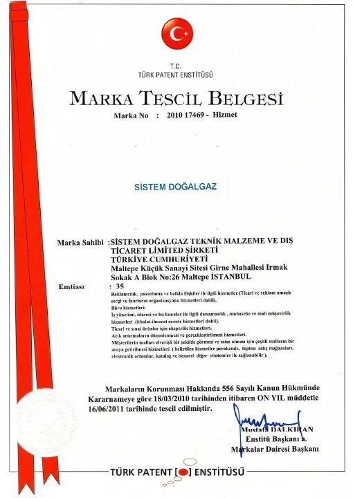 Sistem Doğalgaz Marka Tescil Belgesi belge kapağı
